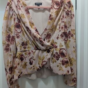 Express Floral Surplice Blouse in Pink, Burgundy and Mustard